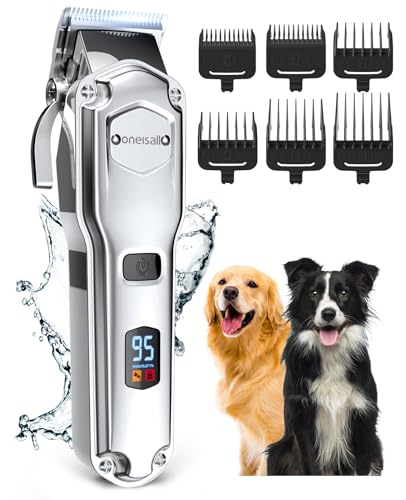 oneisall Dog Clippers for Grooming for Thick Heavy Coats/Low Noise Rechargeable Cordless Pet Shaver with Stainless Steel Blade/Waterproof Dog Shaver for Dogs Pets and Animals (Stainless Steel)