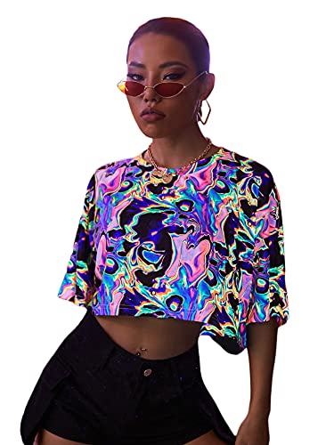 Floerns Women's Casual Reflective Short Sleeve Round Neck Crop Tops T Shirts Multi M