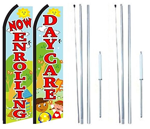 Now enrolling Day Care King Swooper Flag Sign With Complete Hybrid Pole set - Pack of 2