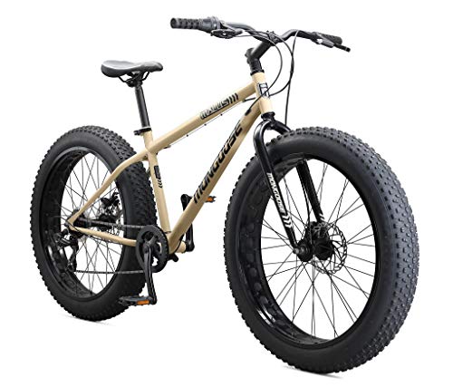 Mongoose Malus Mens and Womens Fat Tire Mountain Bike, 26-Inch Bicycle Wheels, 4-Inch Wide Knobby Tires, Steel Frame, 7 Speed Drivetrain Bicycle, Shimano Rear Derailleur, Disc Brakes, Tan