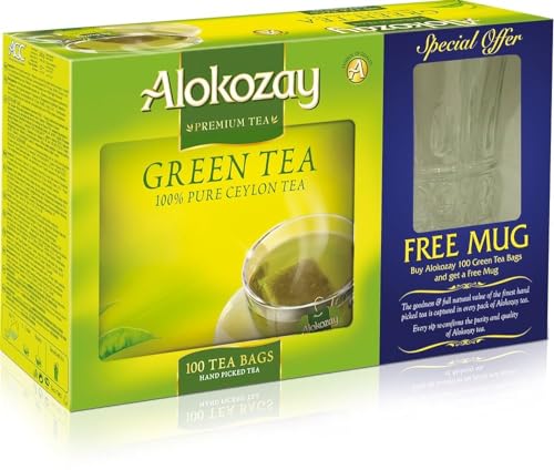 Alokozay, GREEN TEA, 2GMS 100 SACHET PLAIN TEA BAG-KNOTTED / 12 INNERS + Free Mug (Gift Set)