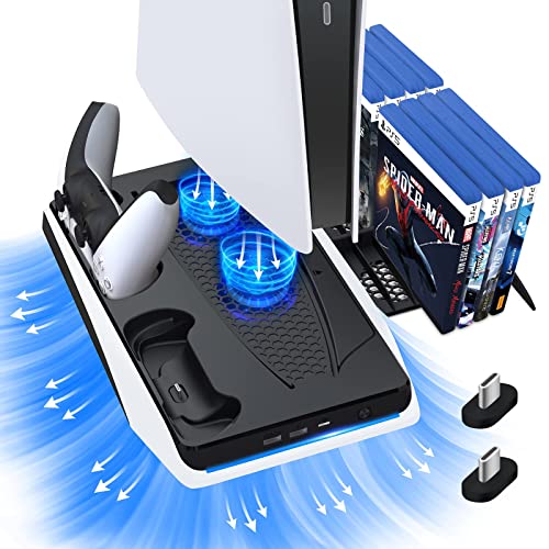 BRHE PS5 Stand,Charging Station for PS5 with Cooling Fan and Controller Charger Station,Compatible with Playstation 5 Console/Disc/Digital Editions,All-in-One Design for PS5 Accessories