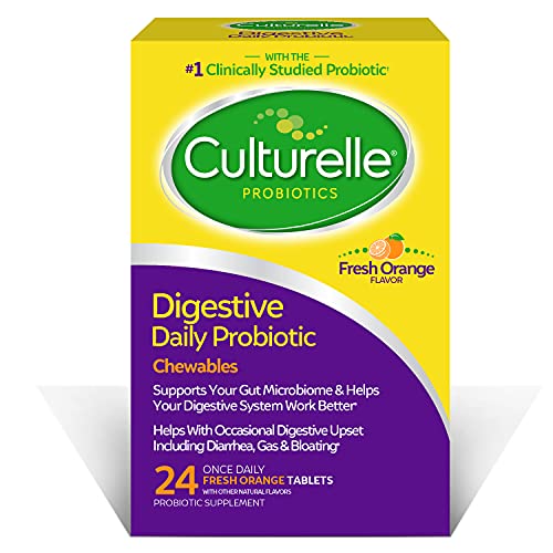 Culturelle Digestive Health Daily Probiotic Chewables, Probiotic For Men and Women, Most Clinically Studied Probiotic Strain, 10 Billion CFUs, Supports Occasional Diarrhea, Gas & Bloating, 24 Count