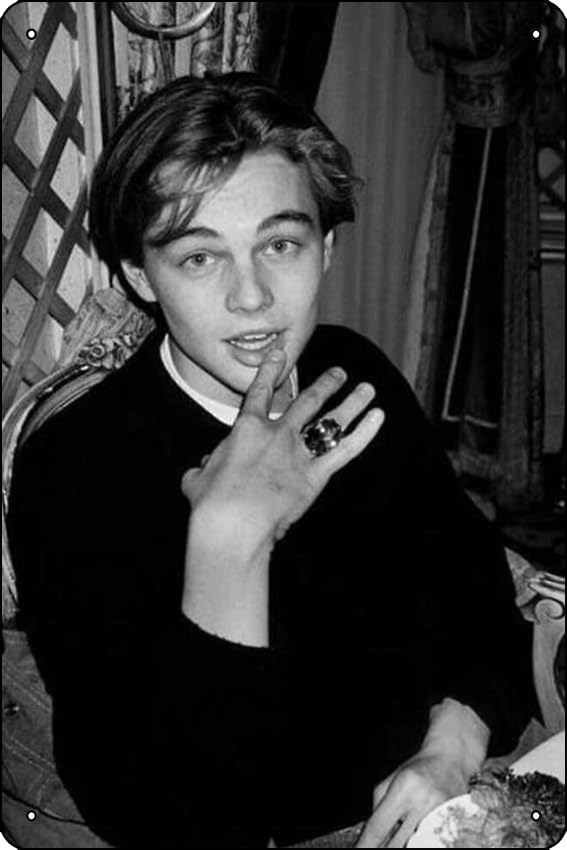 Young Leonardo DiCaprio in Black and White Poster Metal Tin Sign Plaque Man Cave Wall 8x12 Inch Wall Art Decoration