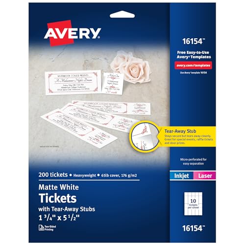 Avery Printable Tickets with Tear-Away Stubs, 1.75' x 5.5', Matte White, 200 Blank Tickets for Laser and Inkjet Printers (16154)