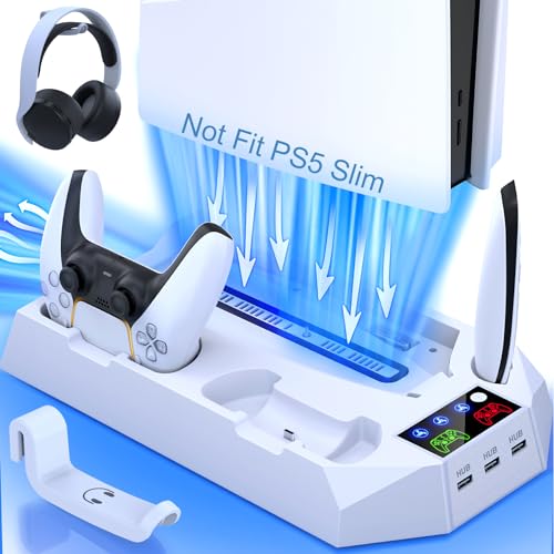 PS5 Stand with Cooling Station for PS5 Controller Charging Station for Playstation 5 Console Edition, PS5 Accessories-Cooler Fan/Remote Charger/Headset Holder(Not Fit 2023 PS5 Slim Disc/Digital)