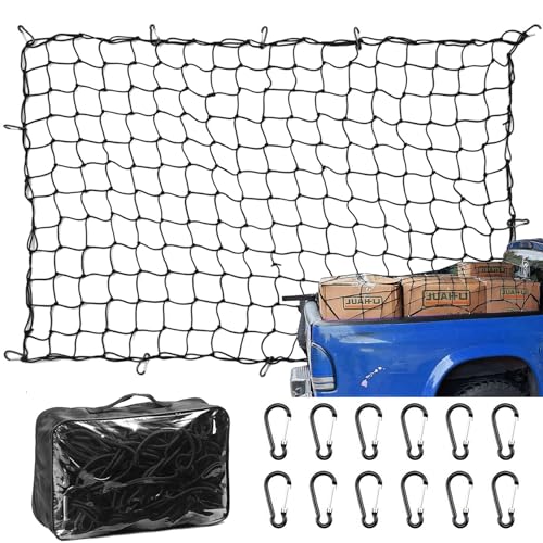 Amiss 4' x 6' Stretches to 8' x 12' Truck Cargo Net, Roof Rack Cargo Net for Pickup Trucks SUV, Heavy Duty Truck Bed Cargo Bungee Net with 12 Black Clips and Storage Bag, Car Exterior Accessories