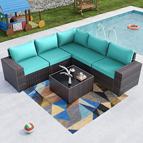 Kullavik Outdoor Patio Furniture Set 6 Pieces Sectional Rattan Sofa Set Brown PE Rattan Wicker Patio Conversation Set with 5 Seat Cushions and 1 Tempered Glass Table, Turquoise Blue
