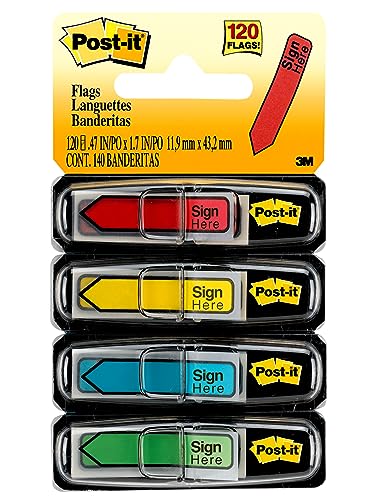 Post-it Message 'Sign Here' Flags, 30/Dispenser, 4 Dispensers/Pack, .47 in Wide, Assorted Colors (684-SH)