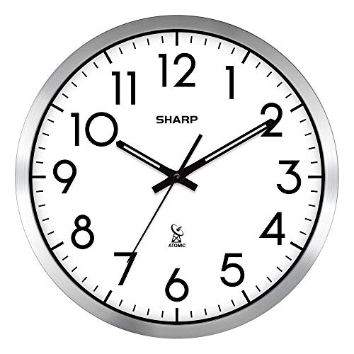 Sharp Atomic Analog Wall Clock - 12' Silver Brushed Finish - Sets Automatically- Battery Operated - Easy to Read - Easy to Use: Simple, Easy to Read Style fits Any Decor