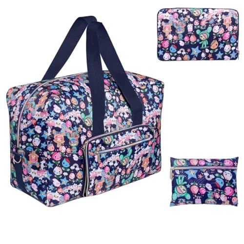 Foldable Travel Duffel Bags for Women Large Nylon Weekender Overnight Carry On Bag with Floral Make Up Bag