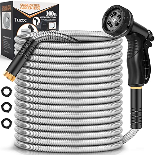 Metal Garden Hose 100FT, Stainless Steel Heavy Duty Water Hose With 10 Function Nozzle, No-Kink, Tough & Flexible, Sturdy and Lightweight, Rust Proof for Yard, Outdoor, RV