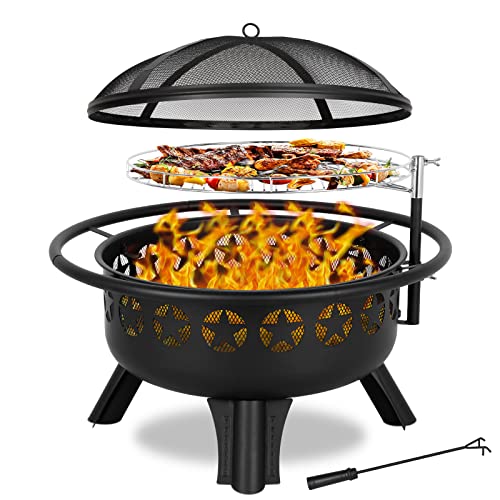 Hykolity 2 in 1 Fire Pit with Grill, Large 31' Wood Burning Fire Pit with Swivel Cooking Grate Outdoor Firepit for Backyard Bonfire Patio Outside Picnic BBQ, Spark Cover, Fire Poker