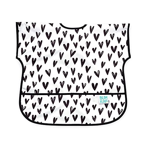 Bumkins Short Sleeve Bib for Girl or Boy, Toddler and Kids for 1-3 Years, Large Size, Essential Must Have for Junior Children, Eating, Mess Saving Soft Fabric Apron for Play, Heart Black and White