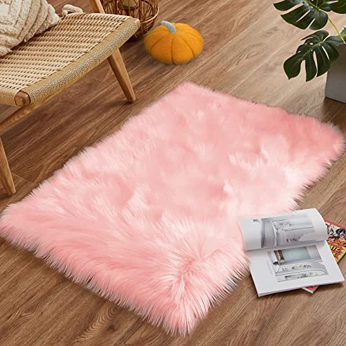 Goolela Pink Rug Small Cute Rug 2x3 Faux Fur Rug for Bedroom Girls Throw Rugs for Living Room Plush Soft Rug Home Decor Shaggy Rug, Rectangle
