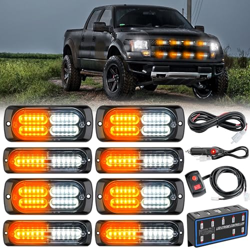 Nilight 8PCS LED Strobe lights 12V Sync Feature Amber White 12 24LED Emergency Hazard Warning Lights with Strobe Controller for Cars Trucks RVs Campers, 2 Years Warranty