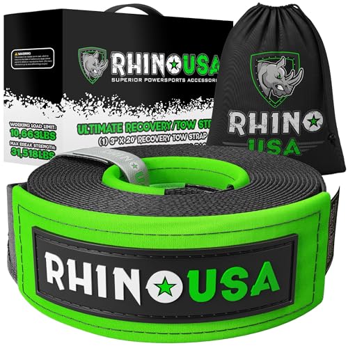 RHINO USA Recovery Tow Strap 3' x 20ft - Lab Tested 31,518lb Break Strength - Heavy Duty Draw String Bag Included - Triple Reinforced Loop End to Ensure Peace of Mind - Emergency Off Road Towing Rope