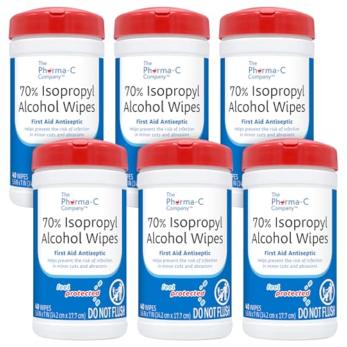 Pharma-C 70% Isopropyl Alcohol Wipes [6 pack - 40ct Canisters] - Bulk IPA First Aid Antiseptic Wound Cleaner with Moisture Lock Lid. For minor cuts, scrapes, and burns. MADE IN USA