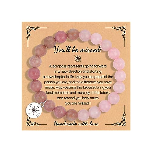 COLORFUL BLING Natural Stone Compass Bracelet You Will Be Missed Farewell Going Away Goodbye Gifts Friends Retirement Gifts for Coworker Manager Boss Teacher Employee-pink2
