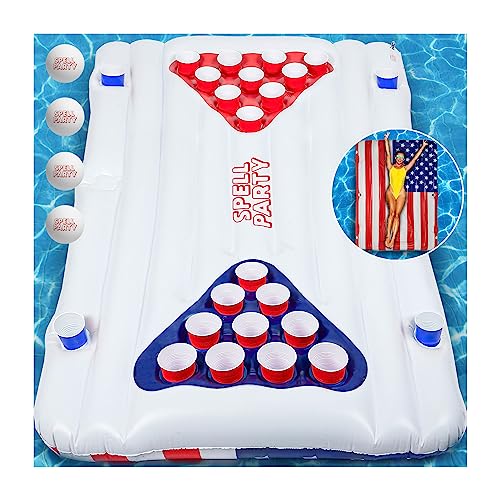Spell Party Pool Floats Floating Beer Pong Table & Extra Large USA Flag Pool Float, Double Sided Fits 2 Adult, Summer Pool Party Decorations for 4th of July Party, for Adults, Fun Pool Accessory