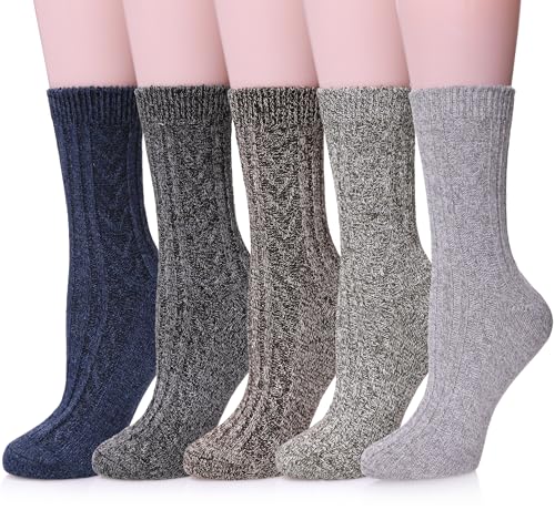 MQELONG Womens 5 Pairs Soft Thick Comfort Casual Cotton Warm Wool Crew Winter Socks (5 Pack Solid color B)