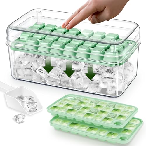 longzon Mini Ice Cube Tray with Lid and Bin, 60 pcs Ice Cube Trays for Freezer, Ice Cube Mold, Ice Molds Spill-Resistant Removable Lid & Ice Scoop, Ice Cube Tray Mold for Whiskey Cocktail, Tea, Coffee