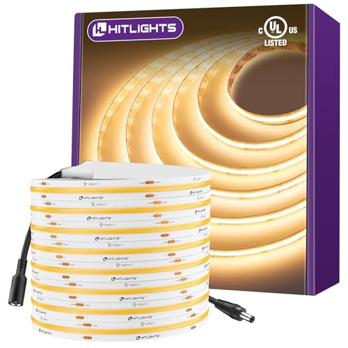 HitLights COB LED Strip Lights Warm White 3000K, 16.4ft Premium High Density 24V Tape Light, 2560 LEDs, 425+ LM/ft, CRI 90+, IP30, Lighting for Kitchen, Cabinets, UL Listed (Power Source Not Included)