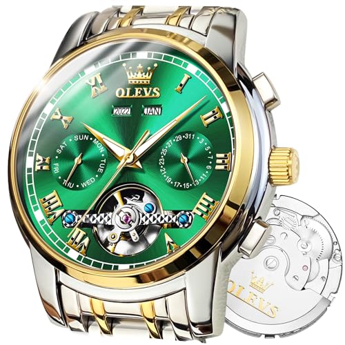 OLEVS Mens Watches Automatic Watches for Men Waterproof Skeleton Sliver Gold Steel Watch Classic Self Winding Tourbillon Mechanical Watch Luxury Dress Men's Wrist Watches Green Dial,reloj para Hombre