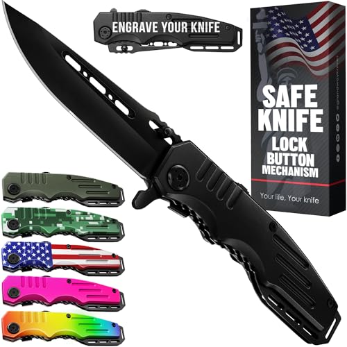 Safety Lock Pocket Knife - Spring Assisted 3.4-inch Sharp Blade - Folding Tactical Black Knife with Aluminum Handle - Ideal Knives for EDC Camping Hunting Survival - Birthday Gift for Men & Women 6681
