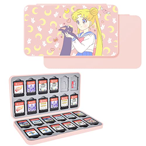 DLseego Sailor Moon Switch Game Case Holder 24 Slots For Switch & Switch Lite &Switch OLED Game Cards and Micro SD Card Portable Storage Box Hard Shell Silicone Lining Game Cartridge