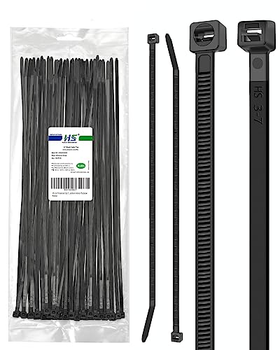HS UV Protected Zip Ties 12 Inch (100 Pack) Self Locking Strong Plastic Wire Ties 12 Inch Black Nylon Cable Ties 50 LBS,Outdoor Indoor Purpose
