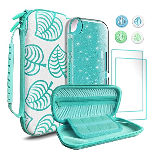 TIKOdirect Carrying Case for Nintendo Switch lite, Shockproof Portable Travel Bag with Glitter Galaxy case, Screen Protectors and Cute Leaf Thumb Grips Caps, Green