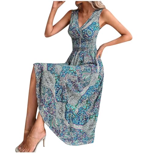 Deals of The Day Clearance Prime, Summer Dresses for Women 2024 Boho Ethnic Sleeveless Deep V-Neck Beach Sundress Casual Cinch Waist Flowy Maxi Dress Blue