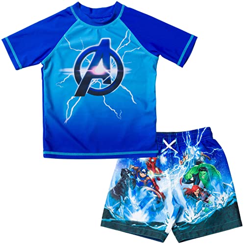 Marvel Avengers Iron Man Captain America Black Panther Big Boys UPF 50+ Rash Guard Swim Trunks Outfit Set Blue 10-12
