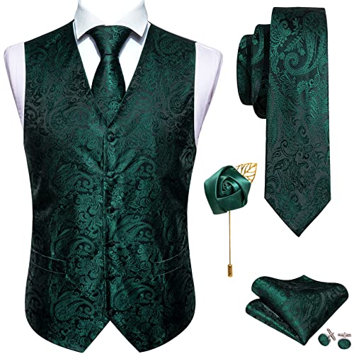 Barry.Wang Dark Green Solid Paisley Waistcoat Vest Necktie Set Pocket Square Cufflink Wedding Business Formal