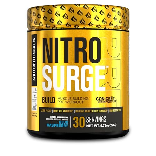 Jacked Factory Nitrosurge Build Pre Workout with Creatine for Muscle Building - Con Cret Creatine Powder & elevATP for Intense Energy, Powerful Pump, & Endless Endurance - 30 Servings, Blue Raspberry