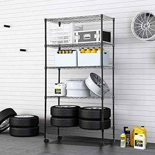 30' L×14' W×60' H Wire Shelving Unit Metal Shelf with 5 Tier Casters Adjustable Layer Rack Strong Steel for Restaurant Garage Pantry Kitchen Garage，Black