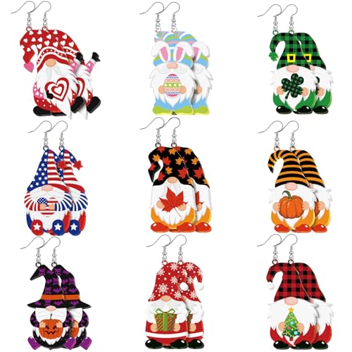 Glenmal 9 Pairs 4th of July Gnome Earrings for Women Patriotic American Flag Jewelry Gift Holiday Women's Acrylic Drop and Dangle Earrings(Festive Style)
