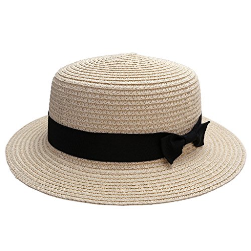 Ayliss Women Bowknot Straw Hat Summer Fedoras Boater Sun Hat,Light Khaki