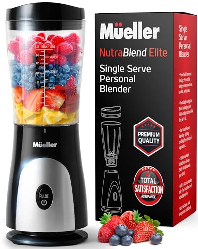 Mueller Personal Blender for Shakes and Smoothies with 15 Oz Travel Cup and Lid, Juices, Baby Food, Heavy-Duty Portable Blender & Food Processor, Black