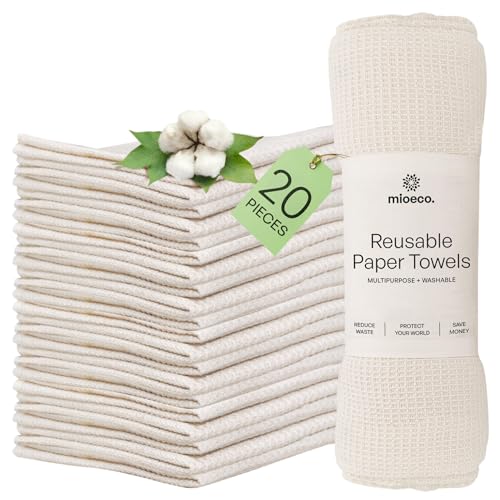 mioeco 20 Pack Reusable Paper Towels Washable - Nature Friendly - Organic Cotton Alternative - Thick, Strong, Paperless Kitchen Dish Cloths - Reusable Napkins - Dish Towels - Cloth Napkin - Pack Towel