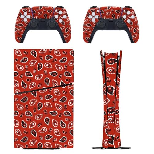 Red Paisley Bandana Personalized P-S-5 Decal Stickers Cover Skin Full Wrap Face Plate Stickers Compatible with P-S-5 Slim Digital Version