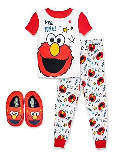 Sesame Street Elmo Toddler,2 Piece Pajama Set,with Matching Toddler Elmo Slippers, 100% Cotton, Red, Size 4T
