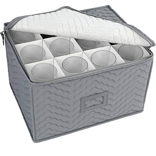 LotFancy Stemware Storage Container - Deluxe Quilted Storage Case with Dividers for 12 - Wine Glasses, Champagne Flutes, Glassware, Drinkware Storage Box Chest, 15.5'x12.5'x 10', Gray