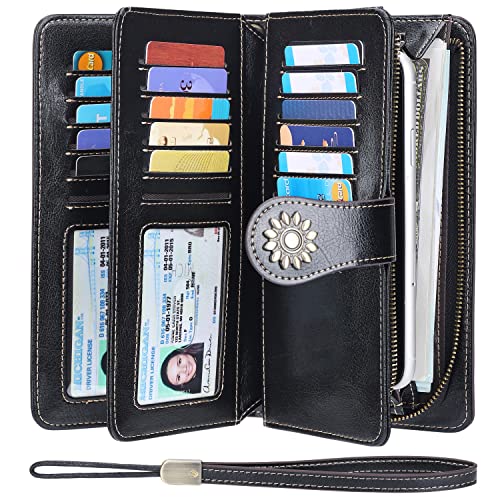 Lavemi Womens Large Capacity Genuine Leather RFID Blocking Wallets Wristlet Clutch Card Holder(Black-1)