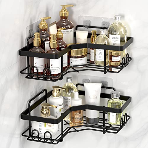 FLATTERMONN 2 Pack Corner Shower Caddy,Strong adhesive Shower Organizer Shelf with 8 hooks.Waterproof, rustproof wall-mounted shower shelves for bathroom,dorm and kitchen .No Drilling (Black)…