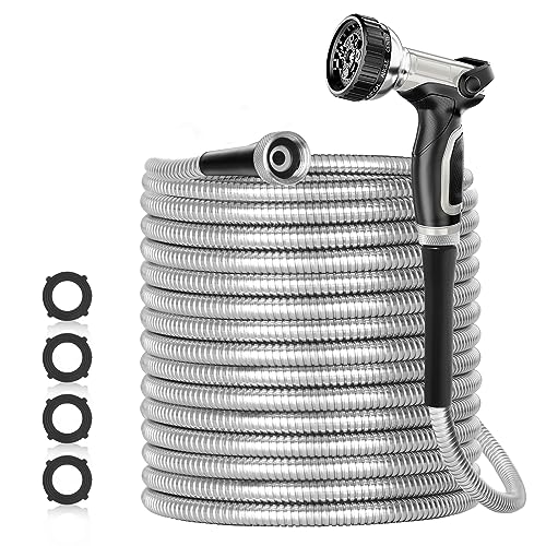 SPECILITE 50ft 304 Stainless Steel Garden Hose Metal, Heavy Duty Water Hoses with Nozzles for Yard, Outdoor - Flexible, Never Kink & Tangle, Puncture Resistant (Sliver)