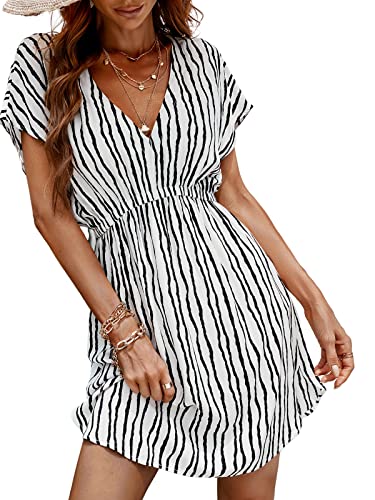 CUPSHE Womens Cover Up Dress V Neck Elastic Waist Cover Up Short Sleeve Casual Beach Coverups Black & White Strips Large