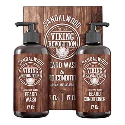 Viking Revolution Beard Wash & Beard Conditioner Set with Argan & Jojoba Oils - Softens and Strengthens - Natural Sandalwood Scent - Beard Shampoo with Beard Oil (17 oz)