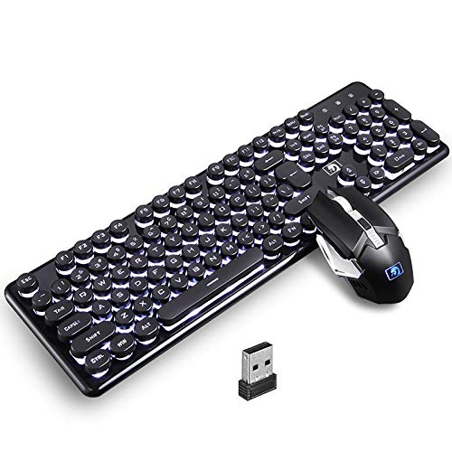 Soke-Six Gaming Keyboard and Mouse, 2.4G Wireless Retro Punk Typewriter-Style Backlit Keyboard Mice Combo,4800mAh Battery,Mechanical Feel,Anti-ghosting,Crystal Panel Round Keycaps (Black+White Light)